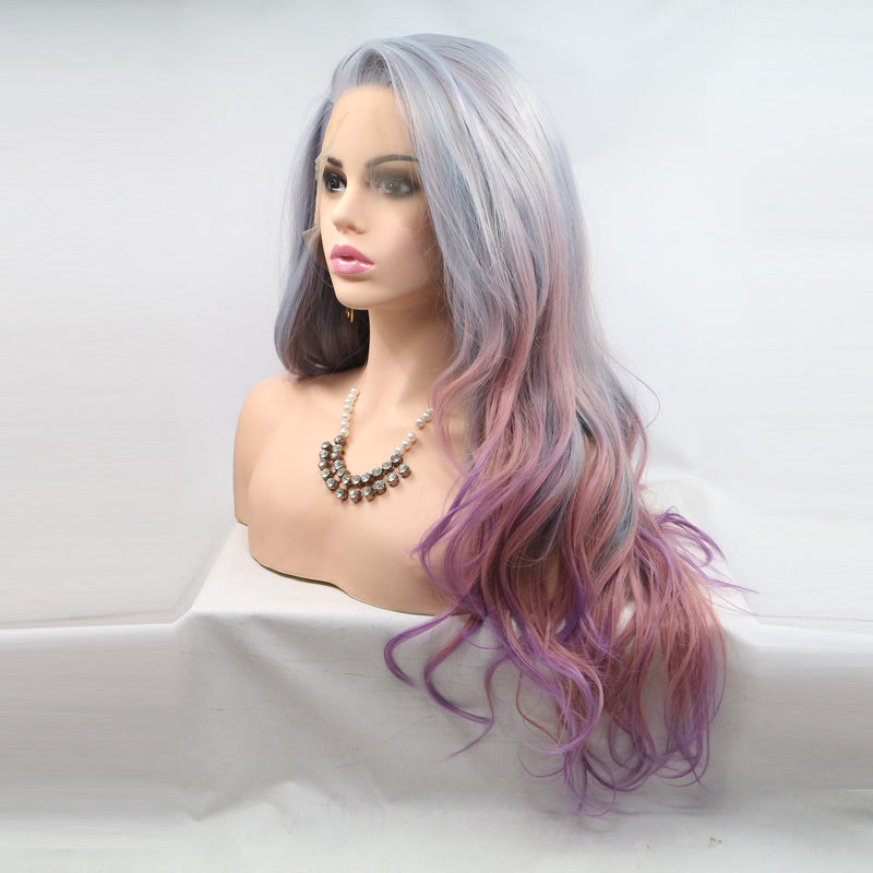 Side Parting Wavy Wig Grey Ombre Pink Hair USW082